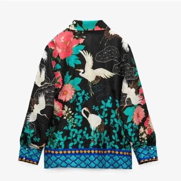 Zara Flowy Blouse with Floral And Crane Print Size XS Excellent Condition! - Picture 5 of 14